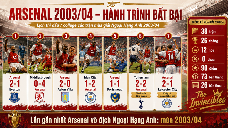 Arsenal đi qua 38 vòng đấu Premier League mùa 2003/04 mà không nhận bất kỳ thất bại nào. 