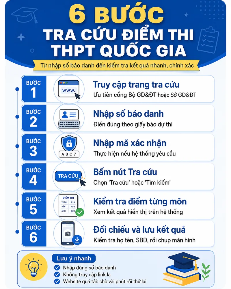 Thí sinh có thể tra cứu điểm thi bằng cách truy cập website chính thống, nhập số báo danh, mã xác nhận và kiểm tra kết quả từng môn.